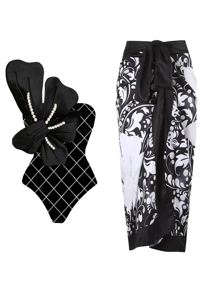 Pearl Floral Black Print Swimsuit Set